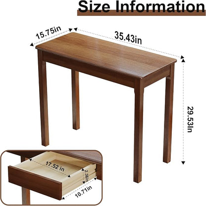 Solid Wood Desk with Drawers - 36 x 16 Inch Simple Narrow Desks, Rubber Wood Study Table, Small Writing Desk for Bedroom|Small Spaces - Natural Boho Desks