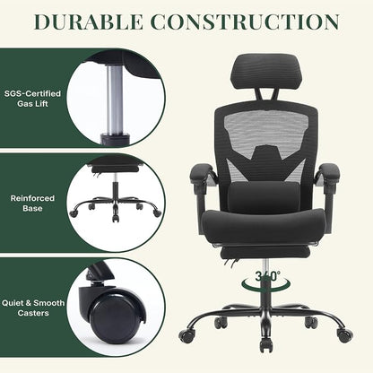 Ergonomic Office Chair with Footrest, High Back Home Desk Computer Chair with Lumbar Support & Headrest, 90-135° Reclining Mesh Back with Wheels for Work, Gaming, Black