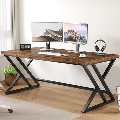 LVB Rustic Wood Computer Desk, Metal Home Executive Office Desk, Industrial Large Gaming Writing Desk, Wooden Student Study Computer Table for Bedroom Living Room, Rustic Brown, 60 Inch