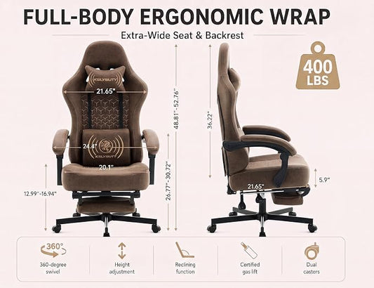 Office Desk Computer Gaming Chair for Adults, Ergonomic High Back Gamer Chair with Massage and Pocket Spring Cushion, Swivel Comfy Video Game Chairs with Footrest and Lumbar Support (Pro Brown)
