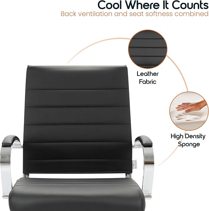 LeisureMod Benmar Leather Office Desk Chair, Mid-Back Ergonomic Swivel Chair with Lumbar Support, Adjustable Height, Tilt Lock, Cushioned Seat & Back, Home Office Task Chair (Black, Set of 2)