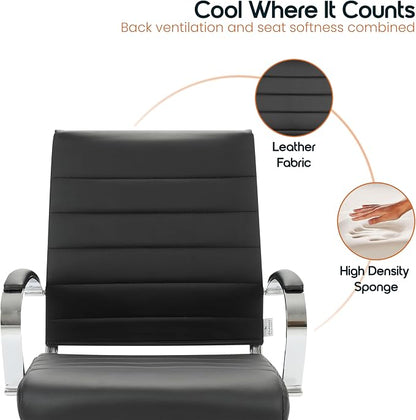 LeisureMod Benmar Leather Office Desk Chair, Mid-Back Ergonomic Swivel Chair with Lumbar Support, Adjustable Height, Tilt Lock, Cushioned Seat & Back, Home Office Task Chair (Black, Set of 2)