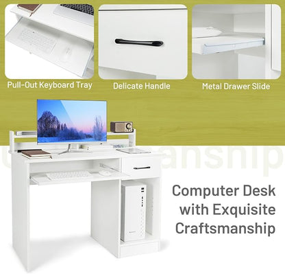 Tangkula White Desk with Drawer & Keyboard Tray, 22 Inch Wide Modern Study Writing Desk with Desktop Hutch & Storage Shelves, Home Office Desk for Teens, Wood PC Laptop Desk, Desk for Bedroom