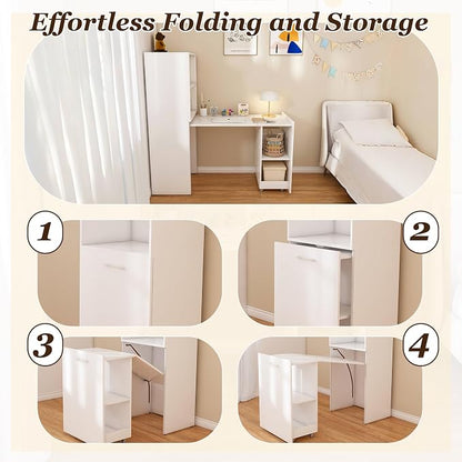 Folding Out Desk with Storage Shelves, Expandable Hidden Computer Desk, Foldable Space-Saving Pull Out Murphy Table, Writing Table with Mobile Wheels for Home Office Bedroom Small Spaces (White)