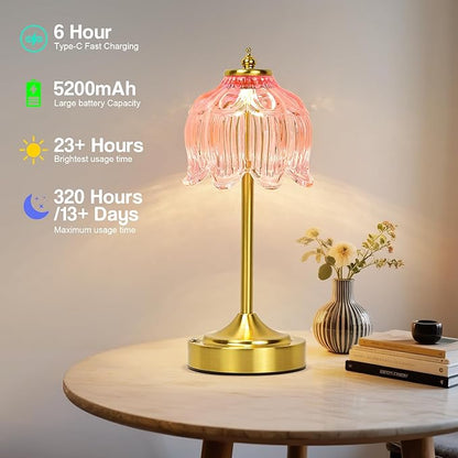 Cordless Lotus Flower Table Lamp, 5200mAh Rechargeable Battery Operated Portable Lamp, 3-Color Dimmable Touch Control Small Desk Lamp for Bedroom, Office, Kitchen, Nightstand,Room Decor (Flower Pink)