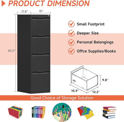 4 Drawer File Cabinet,Metal Vertical File Storage Cabinet with Lock,Filing Cabinets for Home Office,A4 Legal/Letter-Assembly Required/Black