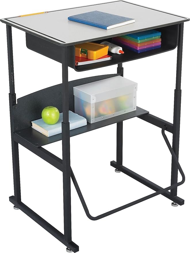 Safco Products 1204GR Alphabetter Adjustable-Height Desk Premium Desktop, Book Box, Swinging Footrest Bar, 28" x 20", Gray