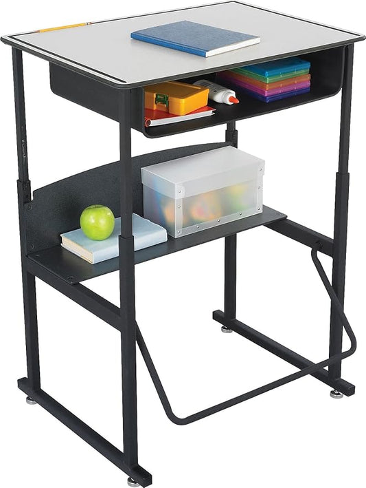 Safco Products 1204GR Alphabetter Adjustable-Height Desk Premium Desktop, Book Box, Swinging Footrest Bar, 28" x 20", Gray