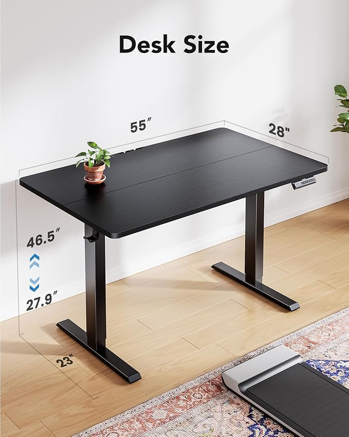 HUANUO Electric Standing Desk,53" x 28" Height Adjustable Desk, 4 Memory Height Settings, Sit to Stand Up Desk for Home Office, with Headphone Hook, Cable Manager, Black