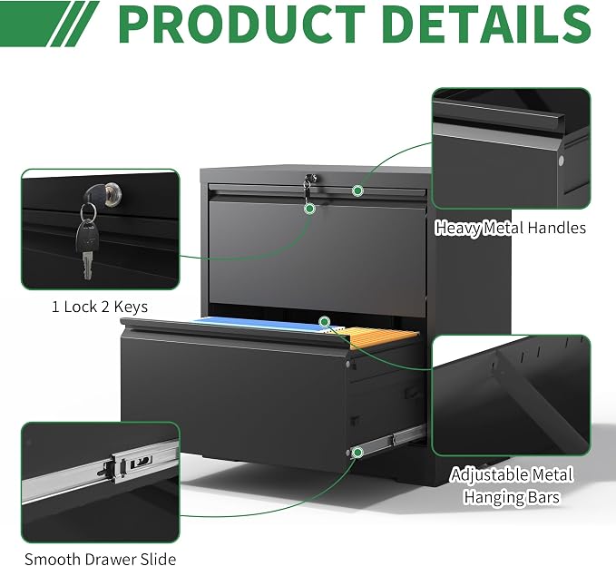 2 Drawer File Cabinet,Metal Lateral Filing Cabinet with Lock,Home Office Storage Organizer Cabinet for Legal/Letter/A4/F4 Size Files,26.8" W,Black