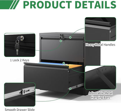 2 Drawer File Cabinet,Metal Lateral Filing Cabinet with Lock,Home Office Storage Organizer Cabinet for Legal/Letter/A4/F4 Size Files,26.8" W,Black