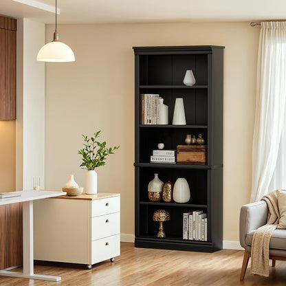 Furniwell Bookcase Bookshelves, 5-Shelf Tall Bookcase 71" Wood Open Display Floor Bookshelf, Large Storage Organizer for Library, Bedroom, Living Room (Black)