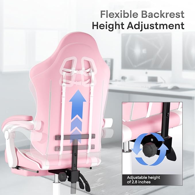 Athena Collection Gaming Chair, Ergonomic Gaming Chair with Footrest & Headrest Lumbar Support, Height Adjustable Swivel Computer Chair Office Chair for Adults (Pink)