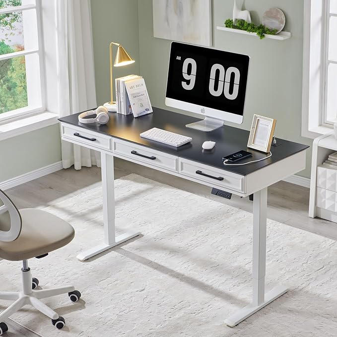 Electric Standing Desk with 3 Storage Drawers, 55x22 Inch Wood Adjustable Height Computer Desk w/One-Piece Desktop, Sit to Stand Up,Power Outlets, Gaming Table for Home Office and Study, White
