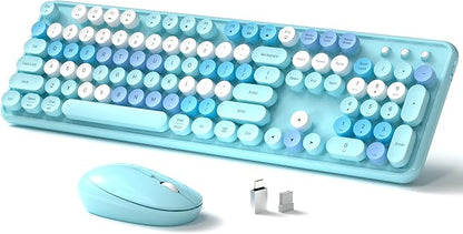 Links9+ Wireless Keyboard and Mouse, Full-Size Retro Typewriter Keyboard with Round Keycaps, 2.4GHz for Windows, Mac, Laptop, PC, Desktop (Blue Colorful)