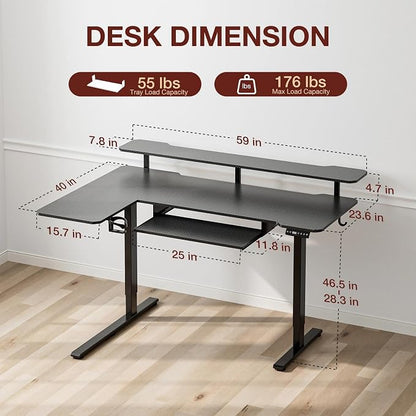 Acrolix 59 Inch L Shaped Standing Desk with Shelves and Keyboard, Electric Corner Standing Desk Adjustable Height, Sit Stand Computer Table with Reversiable Splice Board，Black Carbon