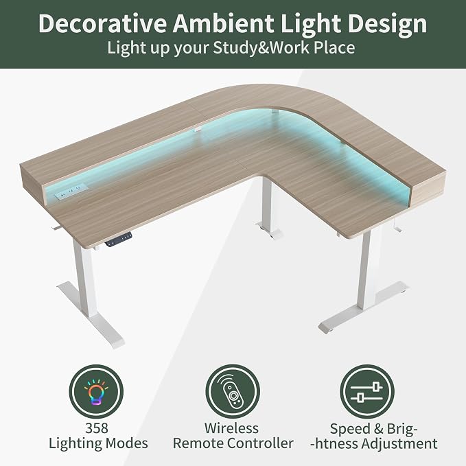 FEZIBO 63"x49" L Shaped Standing Desk with Arc LED & Power Outlet, Electric Height Adjustable L Shaped Desk with Monitor Stand, for Gaming Office, Light Walnut（2 Packages）