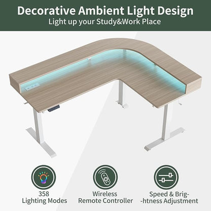 FEZIBO 63"x49" L Shaped Standing Desk with Arc LED & Power Outlet, Electric Height Adjustable L Shaped Desk with Monitor Stand, for Gaming Office, Light Walnut（2 Packages）