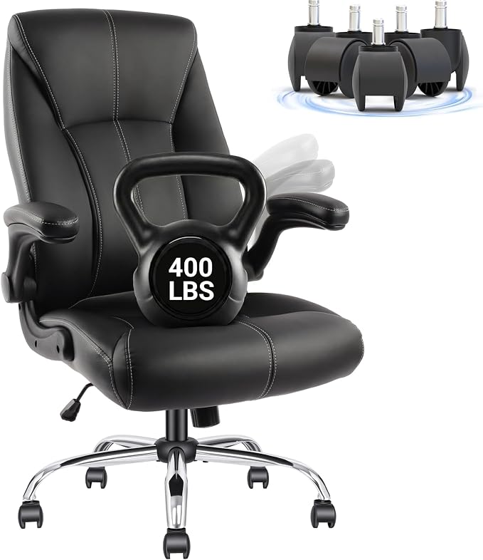 Big and Tall Office Chair for Heavy People, 400LBS High Back Extra Wide Executive PU Leather Office Chair with Flip-Up Armrests, Smooth Caster Wheels, Comfortable Home Office Desk Chair (Black)