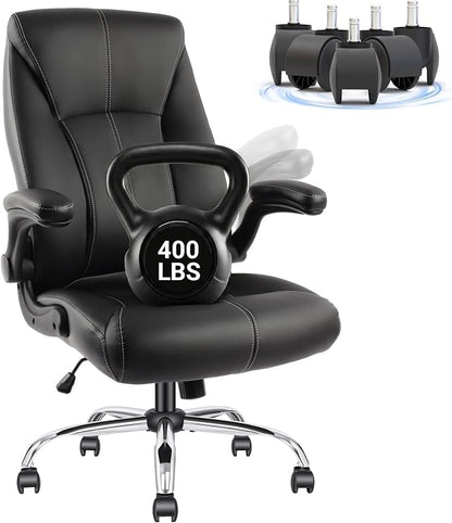 Big and Tall Office Chair for Heavy People, 400LBS High Back Extra Wide Executive PU Leather Office Chair with Flip-Up Armrests, Smooth Caster Wheels, Comfortable Home Office Desk Chair (Black)