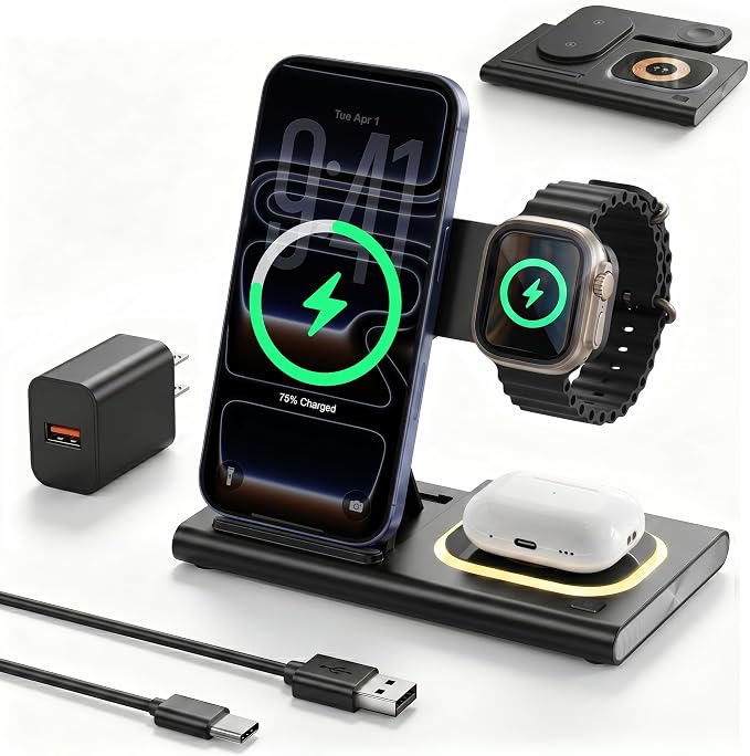 3 in 1 Charging Station for iPhone 17 - Wireless Charger for Apple Devices for iPhone 17 16 15 14 13 12 11 Pro Max - Foldable Wireless Charging Station Dock Stand for Apple Watch Series & AirPods