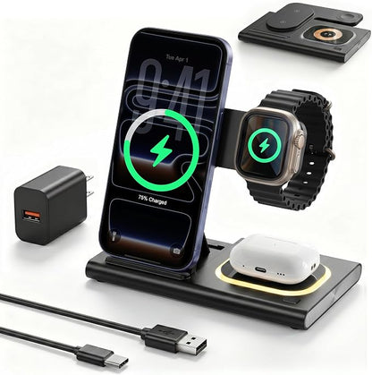 3 in 1 Charging Station for iPhone 17 - Wireless Charger for Apple Devices for iPhone 17 16 15 14 13 12 11 Pro Max - Foldable Wireless Charging Station Dock Stand for Apple Watch Series & AirPods