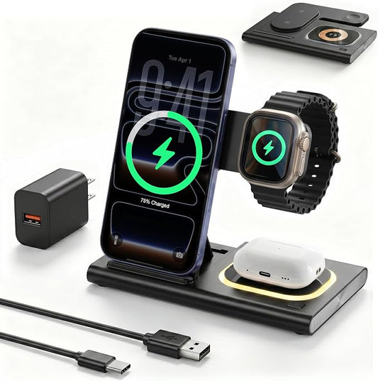 3 in 1 Charging Station for iPhone 17 - Wireless Charger for Apple Devices for iPhone 17 16 15 14 13 12 11 Pro Max - Foldable Wireless Charging Station Dock Stand for Apple Watch Series & AirPods