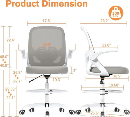 ORRSAKER Drafting Chair, Tall Office Chair with Flip-up Arms, Mesh Ergonomic Computer Standing Desk Chair with Adjustable Height Foot Ring and Lumbar Support, 300 LBS Capacity, Gray