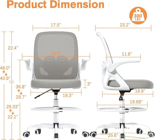 ORRSAKER Drafting Chair, Tall Office Chair with Flip-up Arms, Mesh Ergonomic Computer Standing Desk Chair with Adjustable Height Foot Ring and Lumbar Support, 300 LBS Capacity, Gray