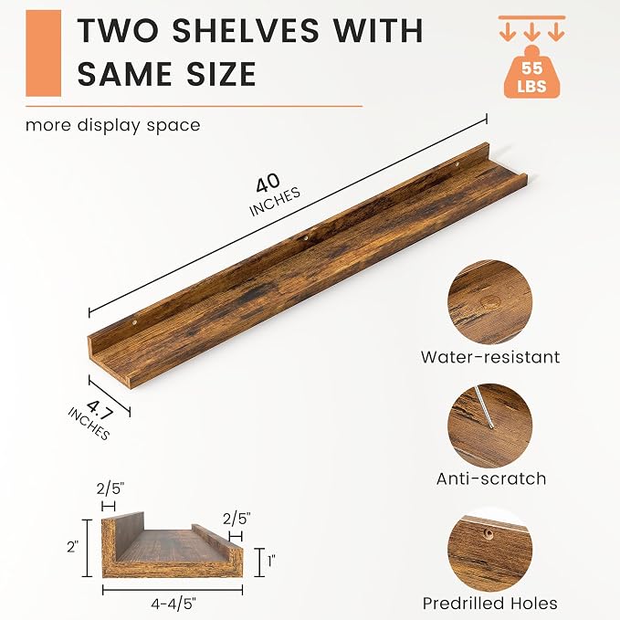 FLYJOE Picture Ledge Shelf, Floating Shelves Set of 2, 40 Inches Nursery Book Shelves for Toys Storage, Kids Bookshelf Wall Mounted for Living Room Bedroom Decor Books Photo Frames, Rustic Brown