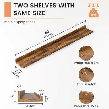 FLYJOE Picture Ledge Shelf, Floating Shelves Set of 2, 40 Inches Nursery Book Shelves for Toys Storage, Kids Bookshelf Wall Mounted for Living Room Bedroom Decor Books Photo Frames, Rustic Brown
