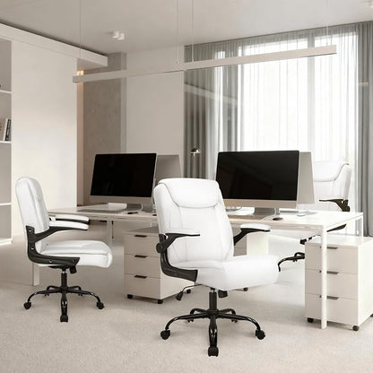 NEO CHAIR Desk Office Gaming Computer Chair Ergonomic Executive Mid-Back Leather with Adjustable Padded Flip-Up Armrests Cushion Wheels Swivel for Home Study Task (White)