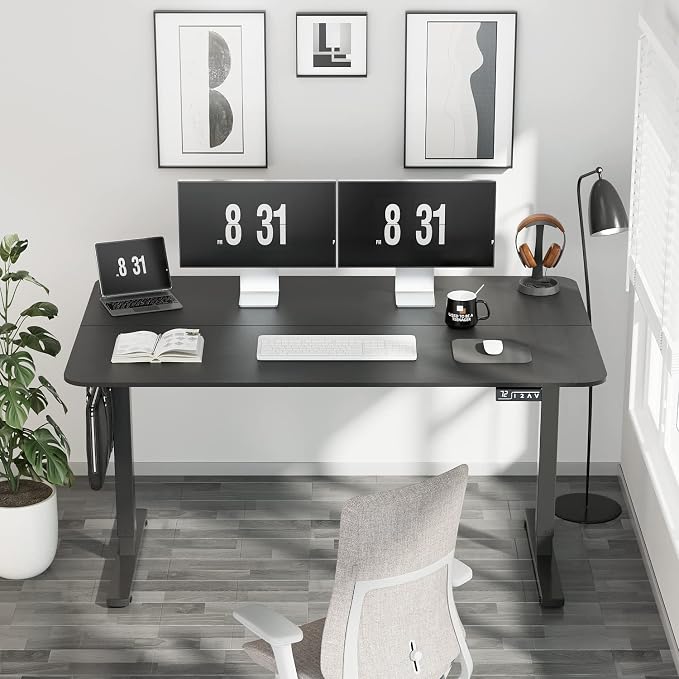 YESHOMY Height Adjustable Electric Standing Desk, Memory Home Office Sit Stand up Desk with Phone Holder and USB Charging Port, Black Leg/Black Top