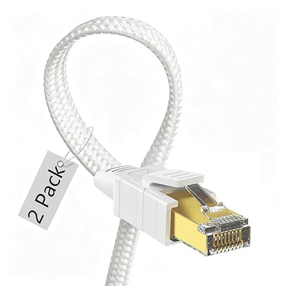 Orbram Cat 8 Ethernet Cable 6 ft 2 Pack White, Nylon Braided High Speed Heavy Duty Network LAN Patch Cord, 40Gbps 2000Mhz SFTP RJ45 Flat Internet Cable Shielded in Wall, Indoor&Outdoor for PC/Router