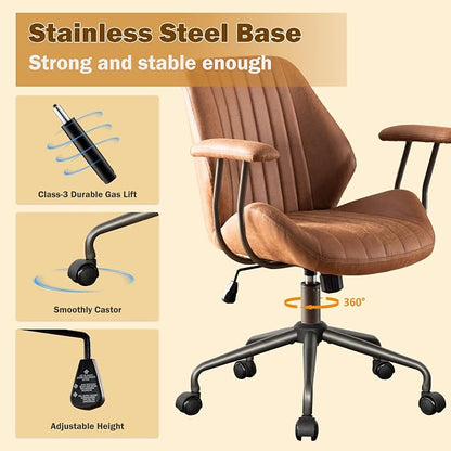 Home Office Chair,Ergonomic Computer Chair with Lumbar Support Adjustable Height,Mid-Century Modern Office Chair with Rolling Swivel Chair for Home Office Game Study(Suede Mid Back Chair,Light Brown)