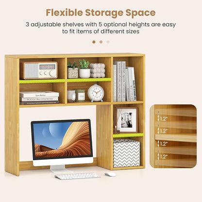 GOFLAME 7 Cubes Desktop Bookshelf, 37” Desk Organizer Shelf with 3 Adjustable Shelves, 3-Tier Wood Countertop Display Rack, Multipurpose Tabletop Desk Hutch for Dorm, Home Office, Burlywood