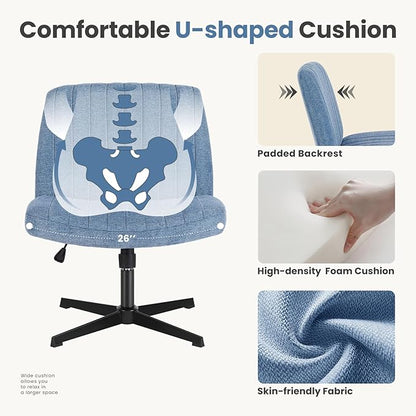 DUMOS Criss Cross Chair No Wheels Legged Office Wide Comfy Desk Vanity Chair, Armless Computer Task Seating, Swivel Home Height Adjustable for Bedroom, Study, Fabric, Blue No Wheel