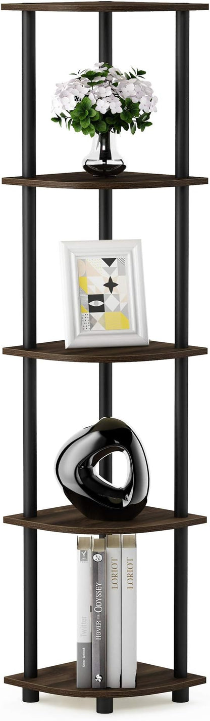 Furinno TURN-N-TUBE Corner Shelf, 5-Tier Corner Bookshelf, Open Storage Shelves, for Organization and Storage, Living Room, Home Office, Garage, Bedroom, Columbia Walnut