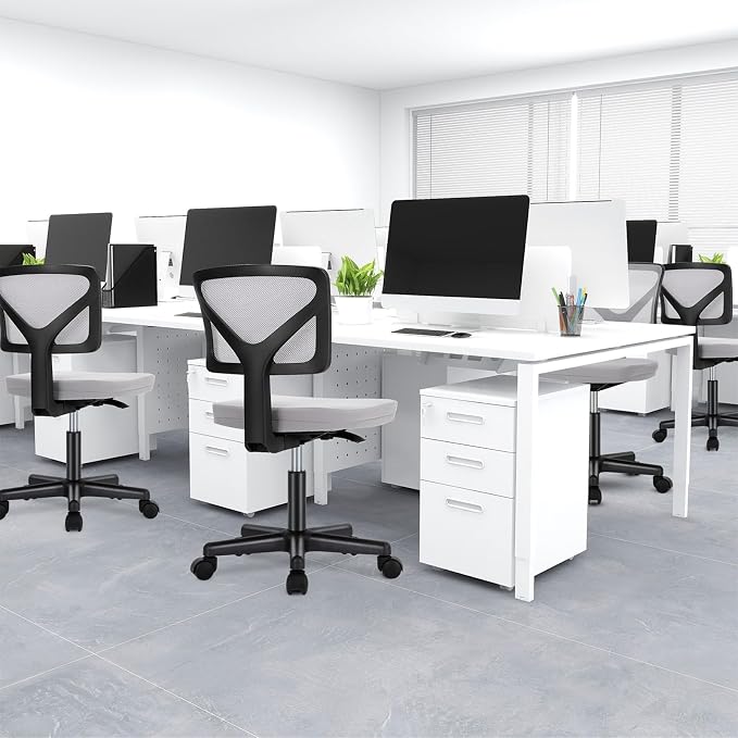 DUMOS Armless Desk Chairs Set of 2, Ergonomic Adjustable Home Office Swivel Rolling Task Chair No Arms, Comfy Mesh Mid Back Computer Work Vanity Desk Chiars with Wheels for Small Spaces, Light Grey