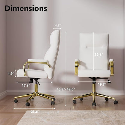 GXJ White and Gold Office Chair with Memory Foam Seat, Computer Desk Chair | 4.9'' Memory Foam Seat and 4.7'' Comfortable Backrest, High Back Leather Executive Chair with Wheels and Arms for Women