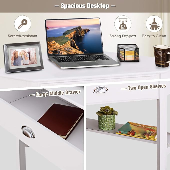 HOMGX Corner Desk With Storage Drawer and Shelves - Writing and Study Computer Workstation for Home Office, White
