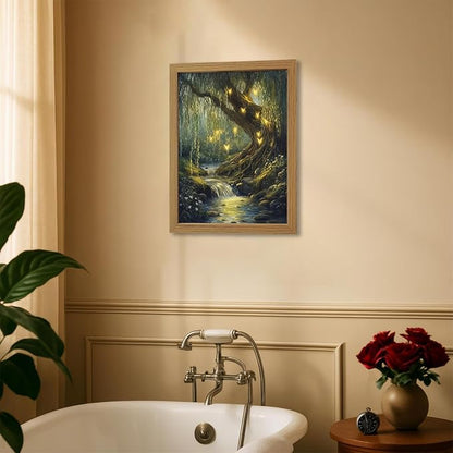 CXQILVER Vintage Enchanted Forest Framed Canvas Wall Art, Mystical Willow Tree and Glowing Butterflies Landscape Painting, Dark Cottagecore Nature Wall Decor for Bedroom Living Room Bathroom 16x24in