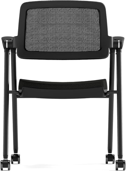Stackable & Foldable Office Chair, Folding Desk Chair with Flip-Up Armrest, Breathable Mesh, Thick Seat Cushion & Rocking Backrest, Conference Room Chair with Wheel (Black，1)