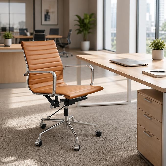 Faux Leather Office Chair with Arms, Lockable Tilt-Back Desk Chair with Aluminum Alloy Base, Adjustable Executive Computer Chair with Wheels for Home Office, Meeting Room, TAN