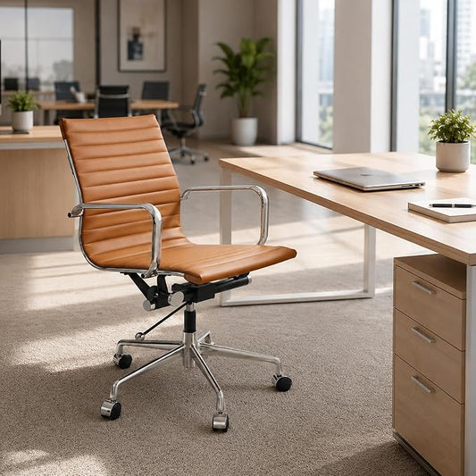 Faux Leather Office Chair with Arms, Lockable Tilt-Back Desk Chair with Aluminum Alloy Base, Adjustable Executive Computer Chair with Wheels for Home Office, Meeting Room, TAN