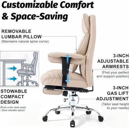 Efomao Executive Office Chair 400lbs,Beige Big and Tall Desk Chair | Mattress-grade pocket spring cushion, sleek leather, 135° recline & footrest for computer gaming setup.