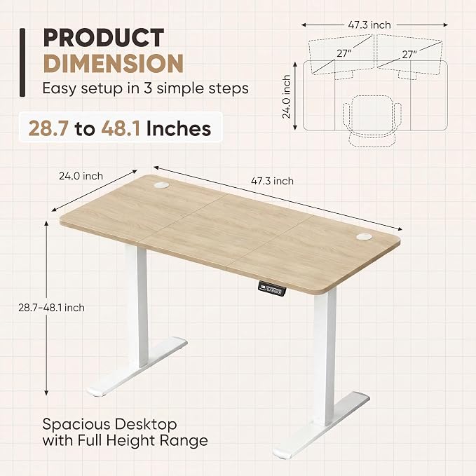Furmax Electric Height Adjustable Standing Desk Large 48 x 24 Inches Sit Stand up Desk Home Office Computer Desk Memory Preset with T-Shaped Metal Bracket, Wood