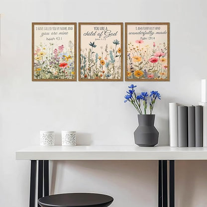 MLKZNOI 3Pcs Christian Floral Scripture Posters Wall Art, Wildflower Bible Verse Canvas Wall Decor, Psalm Religious Faith Art Pictures Prints for Living Room Bedroom Decorations 16x24in Unframed
