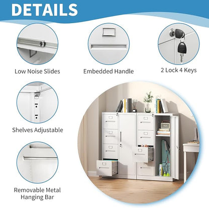 4 Drawer File Cabinet with Shelves and Hanging Rod, Metal Filing Cabinet with Lock for Home Office, File Storage Drawers for Legal/Letter Size Folders, Assembly Required (White)