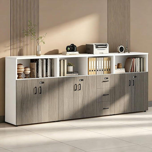 File Cabinet with Password Lock, Wood Lateral Filing Cabinet for Letter/A4 Files, 3 Drawer with Door, Printer Stand with Open Shelves for Home Office